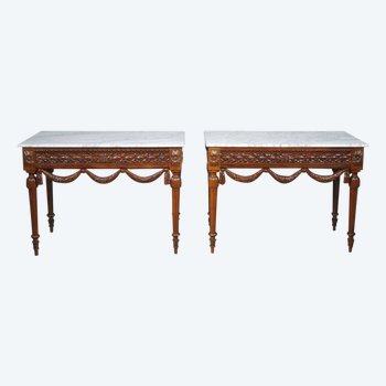 Pair Of Louis XVI Style Consoles In Walnut And Marble