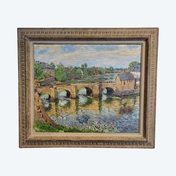 Pittura HST - Il ponte di Saint Goustan ad Auray (Bretagna) firmata