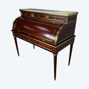 Wichtiges Bureau Cylindre aus Mahagoni, Stil Louis XVI, Epoche Napoleon III - 2. Hälfte 19.