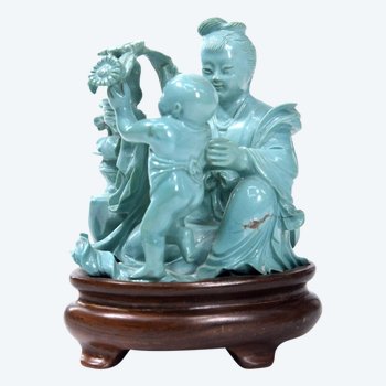 Lot De 3 Sculptures Chinoises En Turquoise 1900