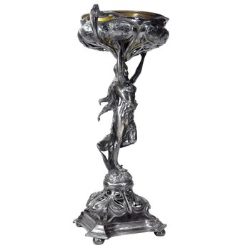 Tasca vuota in metallo argento stile Art Nouveau 1900 Giovane donna