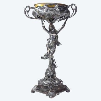 Tasca vuota in metallo argento stile Art Nouveau 1900 Giovane donna