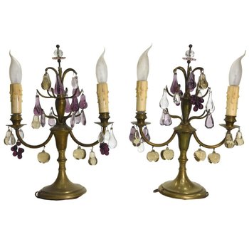 Pair Of 2 Branch Brass And Glass Girandoles With Fruit Design