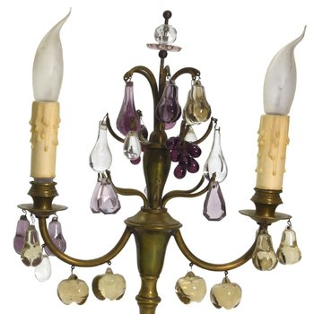 Pair Of 2 Branch Brass And Glass Girandoles With Fruit Design