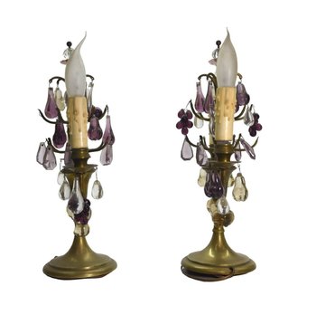 Pair Of 2 Branch Brass And Glass Girandoles With Fruit Design