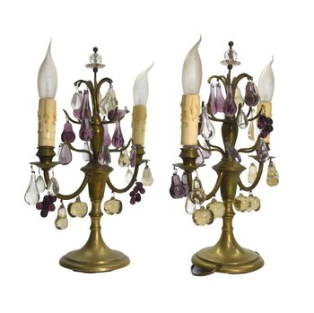 Pair Of 2 Branch Brass And Glass Girandoles With Fruit Design