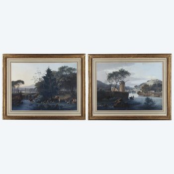 Paysage Au Moulin Et Pastorale, Gouaches Sur Papier