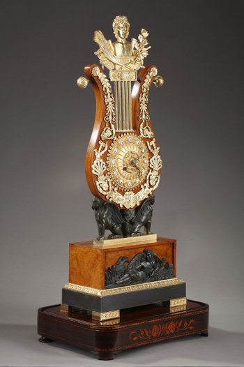 Large Elm burl and Bronze Lyre Clock