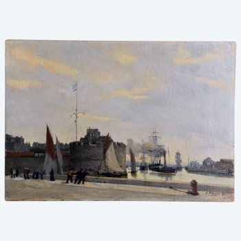 Olio Su Tela Di Albert François Fleury, Veduta Del Porto Di Le Havre
