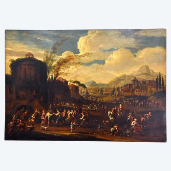 Grande Huile Sur Toile Scène De Genre école Italienne XVIIIème Rentoilé