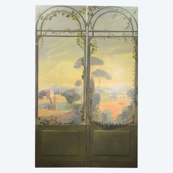 Pair Of Screens Painted Canvas Trompe l'oeil Circa 1900