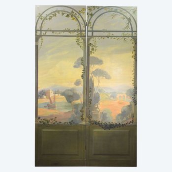 Coppia Di Paraventi Tela Dipinta Trompe l'oeil Circa 1900