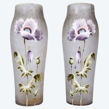 Frosted And Enamelled Glass Vase 1900 With Anemones