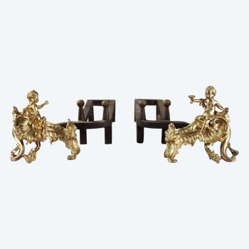 A pair of Louis XV period gilt bronze andirons