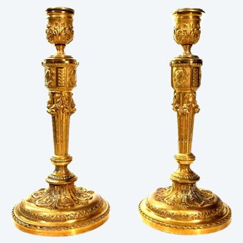 Pair Of Candlesticks In Gilded Bronze With Ornaments 19th Century