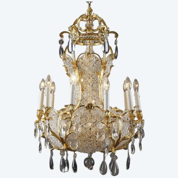 Lustre Corbeille En Cristal Et Bronze Doré, Fin Du 19e Siècle