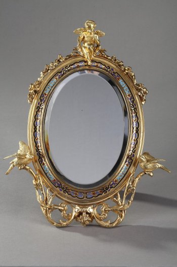 Golden Frame Mirror In Bronze Decorated With Cloisonné Enamels