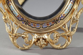 Golden Frame Mirror In Bronze Decorated With Cloisonné Enamels