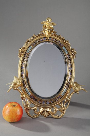 Golden Frame Mirror In Bronze Decorated With Cloisonné Enamels