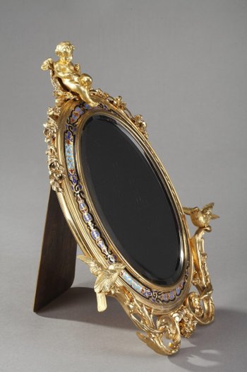 Golden Frame Mirror In Bronze Decorated With Cloisonné Enamels