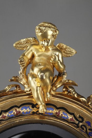 Golden Frame Mirror In Bronze Decorated With Cloisonné Enamels