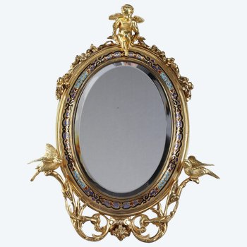 Golden Frame Mirror In Bronze Decorated With Cloisonné Enamels