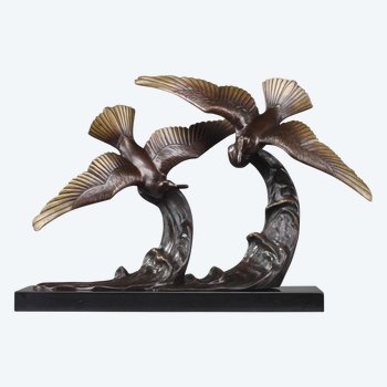 Épreuve En Bronze "deux Mouettes Sur Une Vague" d'Enrique Molins