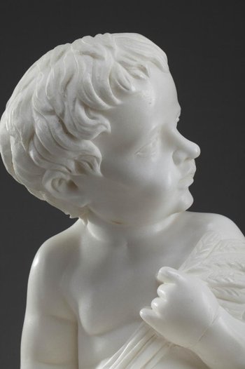 Skulptur Aus Weißem Marmor "Putto Mit Weizenähren".