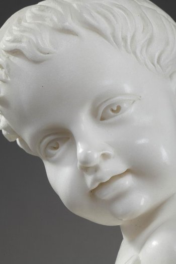 Skulptur Aus Weißem Marmor "Putto Mit Weizenähren".
