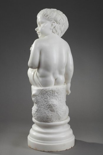 Skulptur Aus Weißem Marmor "Putto Mit Weizenähren".