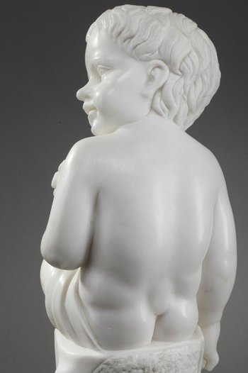 Skulptur Aus Weißem Marmor "Putto Mit Weizenähren".