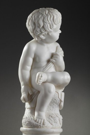 Skulptur Aus Weißem Marmor "Putto Mit Weizenähren".