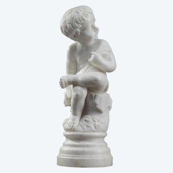 Skulptur Aus Weißem Marmor "Putto Mit Weizenähren".