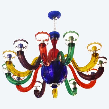             Multicolored Italian Blown Glass Chandelier After Murano