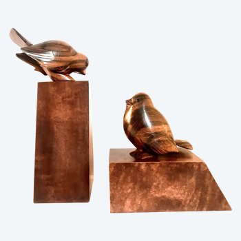 Bookends with art-deco sparrows in exotic wood
