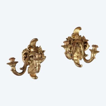 Antique Louis XV period giltwood 2-light wall lamps