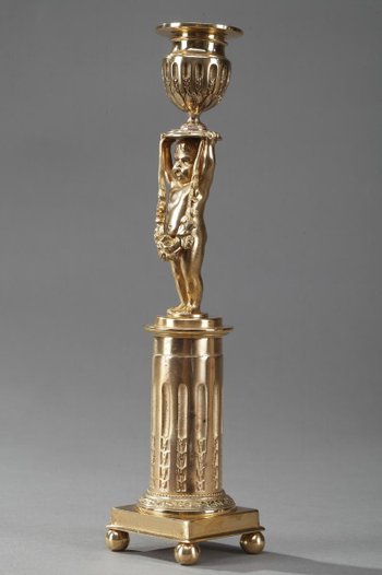 Gilded Bronze Pedestal Candleholders with Putti decoration, 19th Century