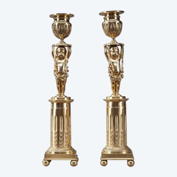 Gilded Bronze Pedestal Candleholders with Putti decoration, 19th Century
