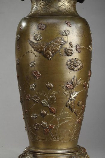 Paire De Lampe à Pétrole Ancienne à Décor d'Oiseaux Et De Fleurs Dans Le Style De Chine