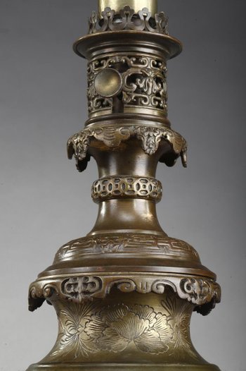 Paire De Lampe à Pétrole Ancienne à Décor d'Oiseaux Et De Fleurs Dans Le Style De Chine