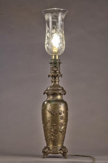 Paire De Lampe à Pétrole Ancienne à Décor d'Oiseaux Et De Fleurs Dans Le Style De Chine