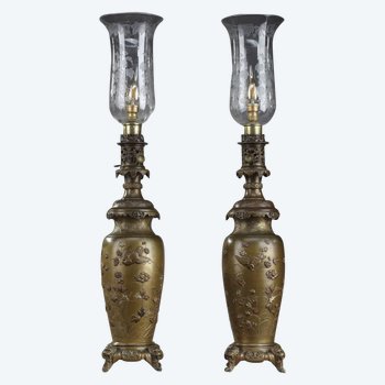 Paire De Lampe à Pétrole Ancienne à Décor d'Oiseaux Et De Fleurs Dans Le Style De Chine