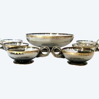 Fruit punch bowl set "Smoked Quartz" and gold glass