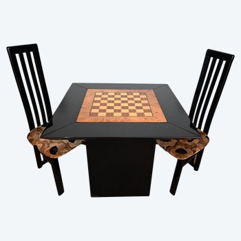 Ensemble Table de Jeux, Échiquier et Paire de Chaises Paul Michel – 1970