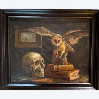 Vanitas. Öl auf bespanntem Karton. Anfang des 20. Jahrhunderts Memento Mori. P. Bahier