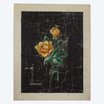 Carton de tapisserie d'Aubusson, fleur sur fond noir