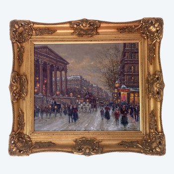 André BOYER (1909-1981) - "Un Soir à la Madeleine , Boulevard des Capucines animé " - Huile sur Toile