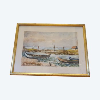 Bassin d'Arcachon , Pinassottes , Watercolor , Signed , XX°.