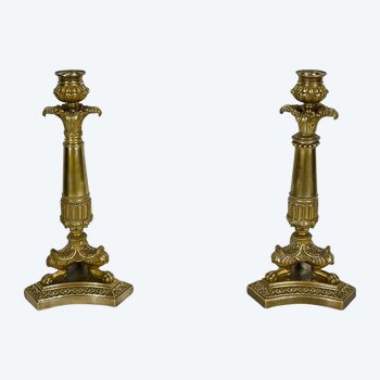 Pair of bronze candlesticks, Restoration period - Early 19th century