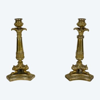 Pair of bronze candlesticks, Restoration period - Early 19th century